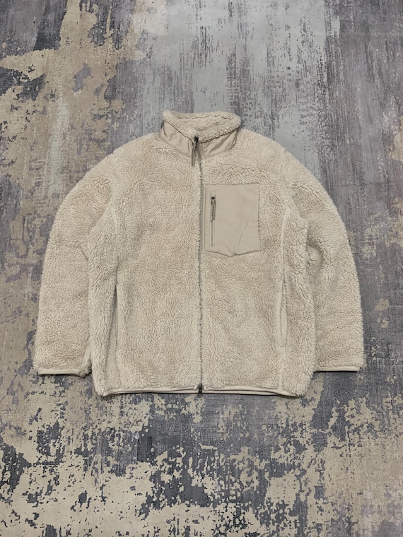 Uniqlo, Vintage Uniqlo Fleece Jacket Beige Sherpa Pile Zip Up Jacket Nylon Chest Pocket Teddy Bear Coat Gorpcore Outdoor Utility Sportswear