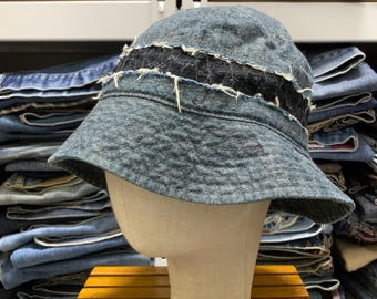 Boro Patchwork Denim Bucket Hat, Distressed Vintage Style Indigo Sun Hat, Japanese Aesthetic Jean Fisherman Cap