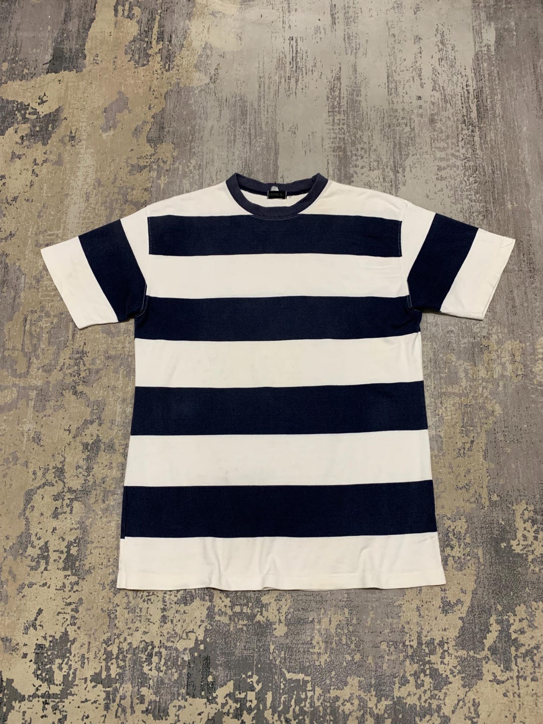 Vintage SOVES Striped T-shirt Navy White Horizontal Border Tee 90s