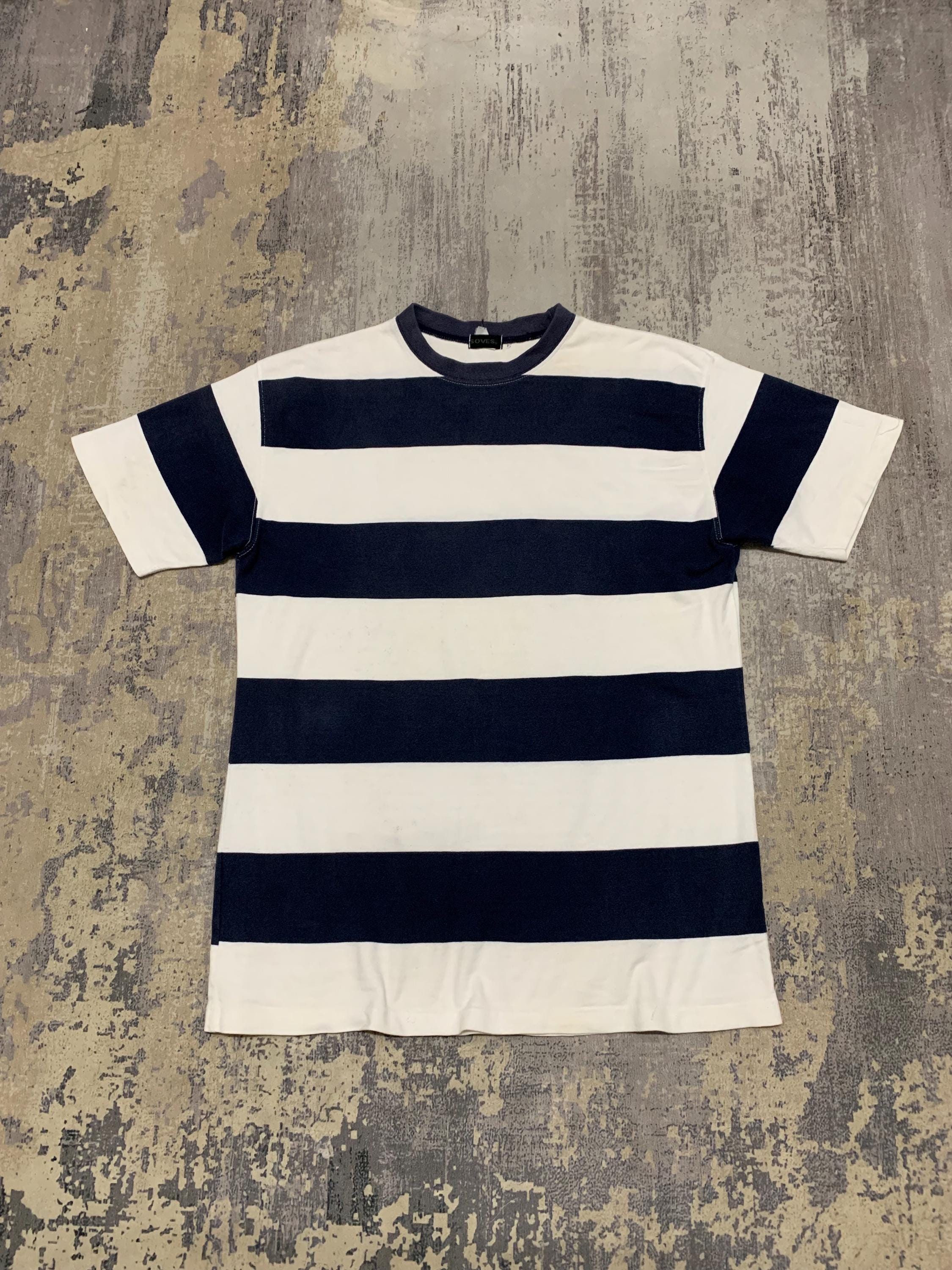 Vintage SOVES Striped T-shirt Navy White Horizontal Border Tee 90s