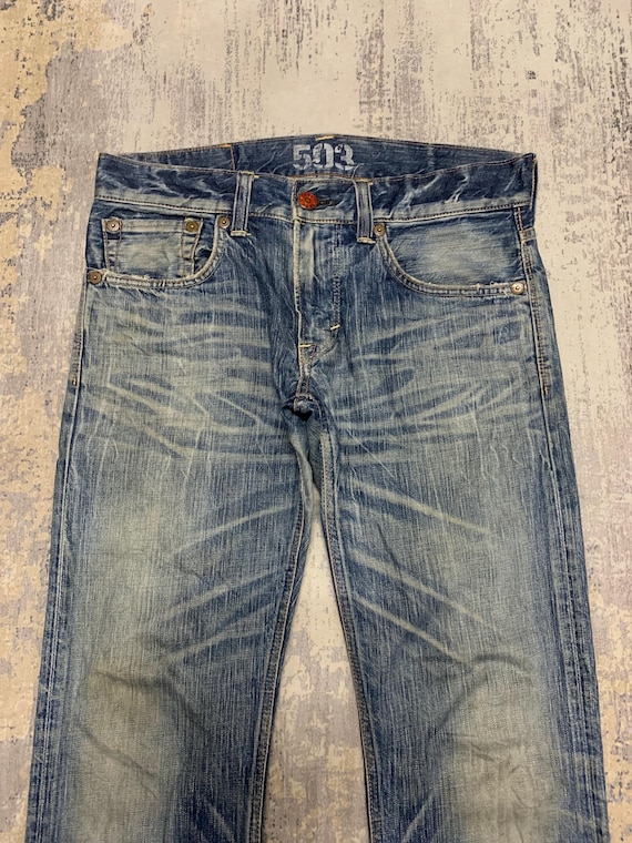 Japanese Brand Edwin 503 Blue Trip Flare Leg Distressed Mens