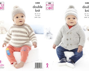 Jacket, Sweater and Hats Knitting Pattern - King Cole DK Knitting Pattern 5488