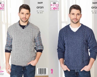 Sweater and and Sleeveless Sweater - King Cole Aran Knitting Pattern 5659