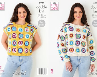 Jumper and Alternative Capped Sleeve Top Crochet Pattern - King Cole Double Knit Crochet Pattern 5944