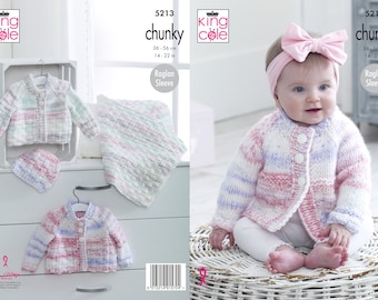 Babies Cardigans, Hat and Blanket Knitting Pattern - King Cole Chunky Knitting Pattern 5213