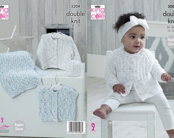 Babies Cardigans, Blanket and Hat Knitting Pattern - King Cole DK Knitting Pattern 5204