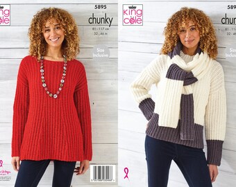 Sweaters and Scarf - King Cole Chunky Knitting Pattern 5895