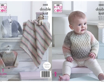 Sweater, Cardigan and Blanket Knitting Pattern - King Cole DK Knitting Pattern 5443