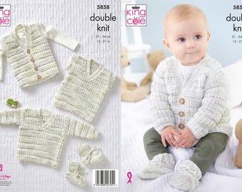 Cardigan, Waistcoat, Sweater, Tank Top and Bootees Knitting Pattern - King Cole DK Knitting Pattern 5858