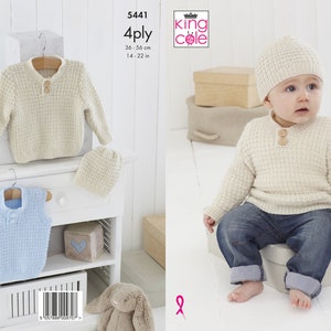 Sweater, Slipover and Hat Knitting Pattern - King Cole 4 Ply Knitting Pattern 5441