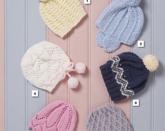 Baby / Children's Hats Knitting Pattern - King Cole Aran Knitting Pattern 5544