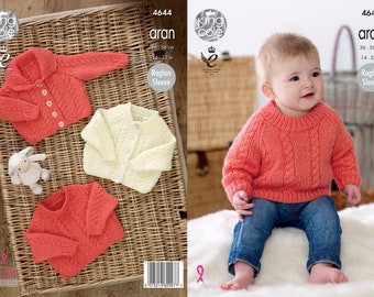 Babies Cardigans and Sweater Knitting Pattern - King Cole Aran Knitting Pattern 4644