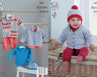 Babies Jacket, Sweater, Coat and Hat Knitting Pattern - King Cole DK Knitting Pattern 4807