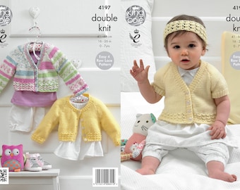Babies / Girls Cardigans and Headband Knitting Pattern - King Cole DK Knitting Pattern 4197