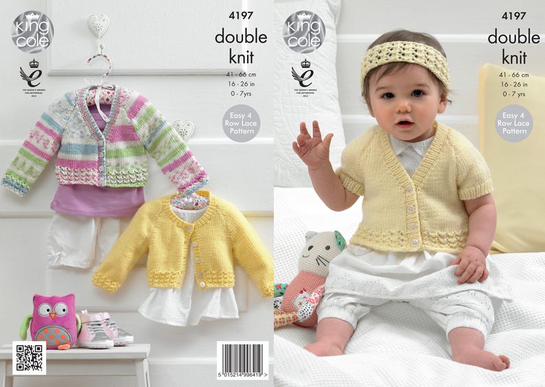 Babies / Girls Cardigans and Headband Knitting Pattern King Cole DK Knitting Pattern 4197 image 1