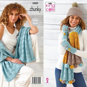 Wrap, Scarf, Hand Warmers and Hat Knitting Pattern - King Cole Chunky Knitting Pattern 5889