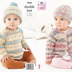 Sweater, Cardigan and Hats Knitting Pattern - King Cole DK Ply Knitting Pattern 5846