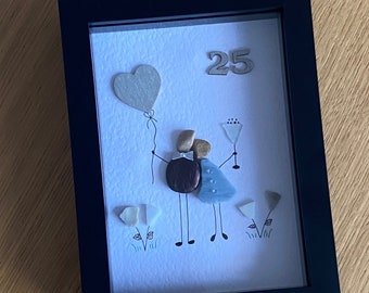 Silver Wedding Anniversary Gift, 25th Wedding Gift, 25th Wedding Anniversary Picture, Pebble and Glass Picture, Unique Wedding Gift