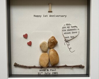 First Wedding Anniversary Pebble Artwork Frame, Paper Wedding Anniversary Gift, Personalised 1st Wedding Anniversary Gift