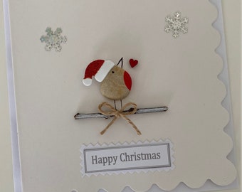 Christmas Pebble Card, Handmade Xmas Card, Christmas card with Robin, Handmade Xmas Robin Card