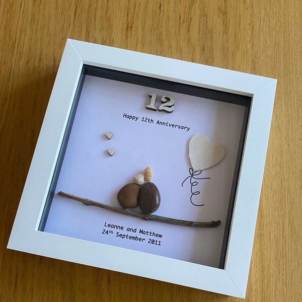 Silk Wedding Anniversary Pebble Picture, 12th Anniversary gift for wife, Personalised wedding gift for husband, pebble artwork, gift for her