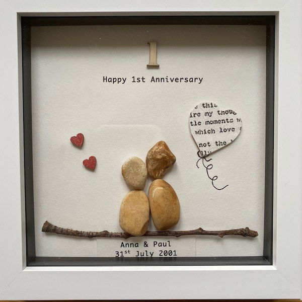 First Wedding Anniversary Pebble Artwork Frame, Paper Wedding Anniversary Gift, Personalised 1st Wedding Anniversary Gift