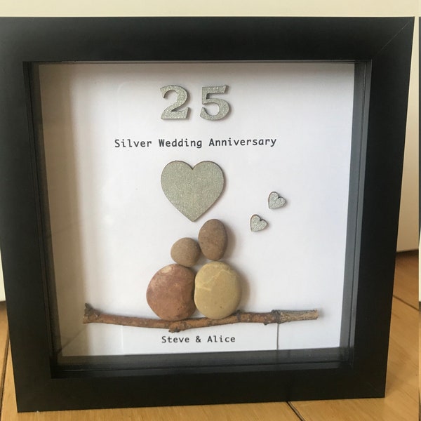 Silver Wedding Anniversary Gift, 25th Anniversary Gift, Wedding Gifts, Silver Anniversary Pebble Artwork Frame, Silver Anniversary Frame