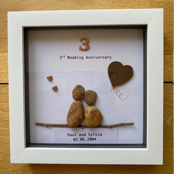 Leather Wedding Anniversary Gift, 3rd Wedding Anniversary Pebble Picture, 3rd Anniversary Gift for Husband, Personalised Wedding Gift