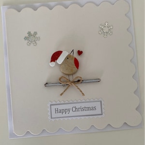 Weihnachtskarte mit Kieselstein, Handgemachte Weihnachtskarte, Weihnachtskarte mit Rotkehlchen, Handgemachte Rotkehlchen Weihnachtskarte
