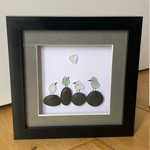 Sea Glass Birds Pebble Frame, Framed Sea Glass Picture, Unique Sea Glass Gift, Pebble Art & Sea Glass Picture