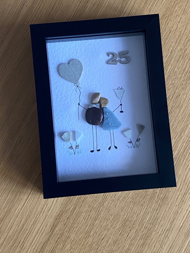 Silver Wedding Anniversary Gift, 25th Wedding Gift, 25th Wedding Anniversary Picture, Pebble and Glass Picture, Unique Wedding Gift image 1