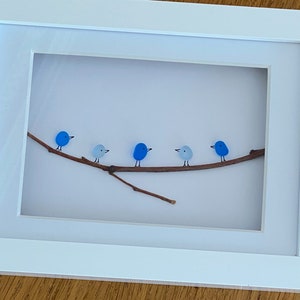 Sea glass birds picture/Family of five gift/Family sea glass artwork/Personalised family gift/Unique gift for Christmas/Birthday gift