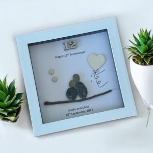 Silk Wedding Anniversary Pebble Picture, 12th Anniversary gift for wife, Personalised wedding gift for husband, pebble artwork, gift for her