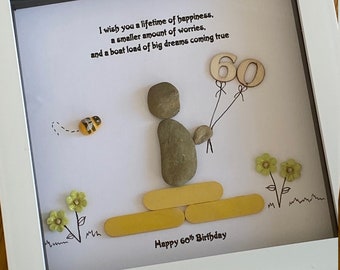 Personalised Birthday Milestone Pebble Picture, 60th Birthday Gift, Birthday Gift for Bestie, Birthday Gift for Grandma, Handmade Gift