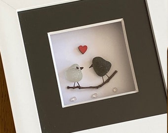 Sea Glass Wedding Gift, Valentine's Day Gift, Sea Glass Birds Frame, Handmade Wedding Gift