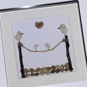 Sea Glass Bird Family, Family of Four Sea Glass Art, Gift for Grandparents, Sea Glass Birds, Personalised Sea Glass Frame for Mom