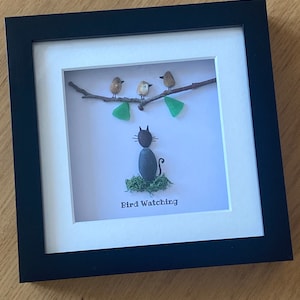 Vogel Vogelbeobachten Kieselstein Bild, Katzen Gedenkgeschenk, Katze Trauerbild, Kieselstein Kunstwerk mit Vogel und Katzen, Einzigartiges Geschenk für Katzenliebhaber