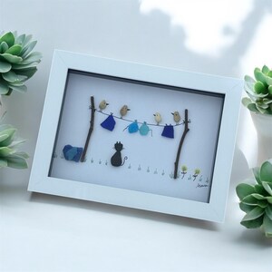 Sea Glass Clothes Hanging and Cat Artwork, Handmade Cat Lover Gift, Unique Gift for Cat Lover, Bird Watching Gift, Gift for Her