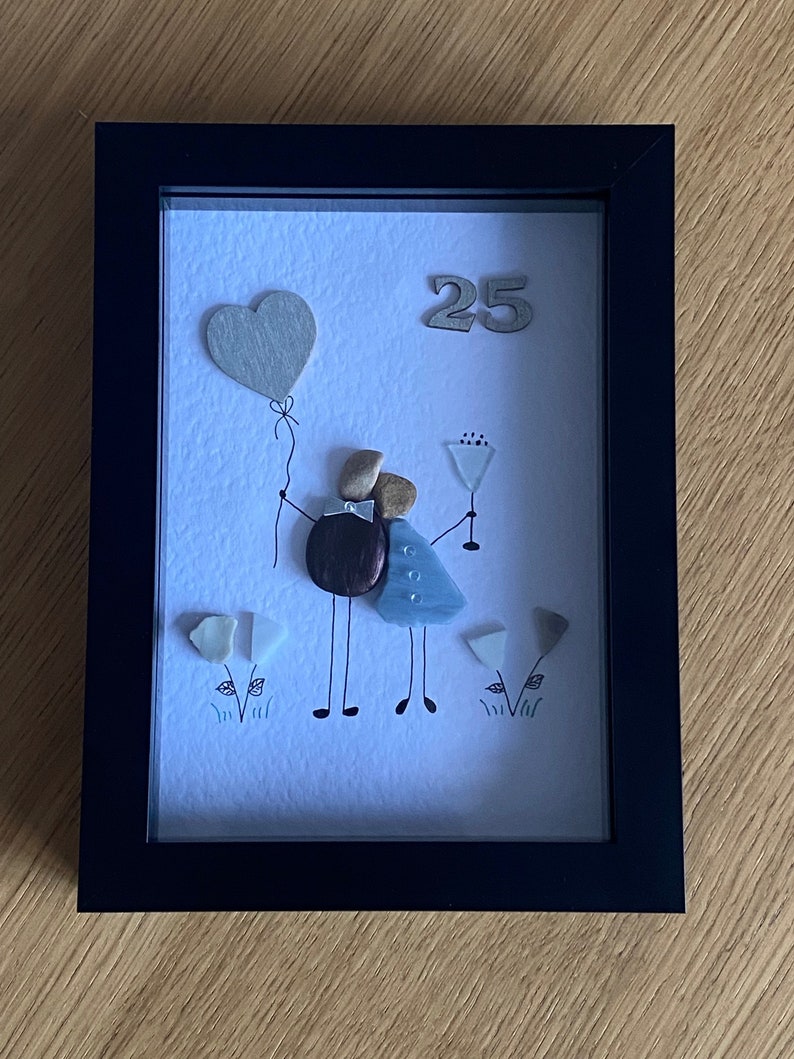 Silver Wedding Anniversary Gift, 25th Wedding Gift, 25th Wedding Anniversary Picture, Pebble and Glass Picture, Unique Wedding Gift image 2
