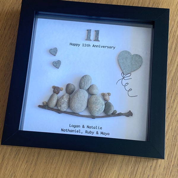 11th Wedding Anniversary Gift, Steel Anniversary Pebble Frame, Family Wedding Anniversary Gift, Handmade Pebble Artwork Frame