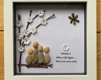 Personalised Family Pebble Picture, Family Pebble Art, Pebble Picture for Mum, Unique Pebble Gift for Family, Family Anniversary Pebble Gift
