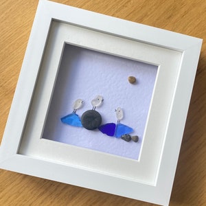 Sea Glass Birds on Rocks, Personalised Sea Glass Birds Picture, Unique Sea Glass Birds Gift, Love Birds by the shore