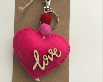 Love Heart keyring, Handmade Felt keyring, Heart & Pom Pom Keyring, Valentines Gift