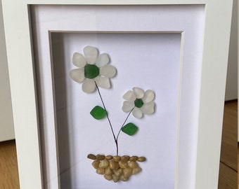 Sea Glass & Pebble Artwork, Sea Glass Flower Frame, Unique Sea Glass Frame, Sea Glass Flower Gift