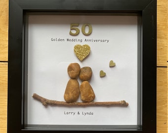 Personalised 50th Anniversary Pebble Art Frame, Golden Wedding Anniversary Picture, Celebrating 50 Years Together