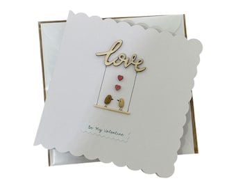 Handmade Valentine's Day Pebble Art Card, Love Birds on Swing