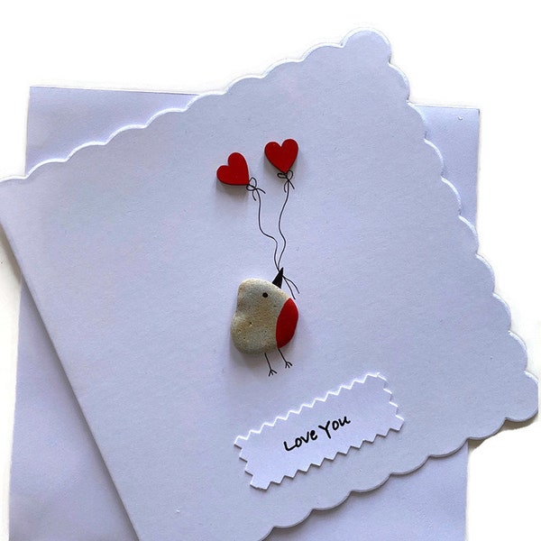 Carte faite à la main pour la Saint-Valentin, carte d’amour Pebble Artwork, carte faite à la main Love Birds, carte personnalisée pour la Saint-Valentin