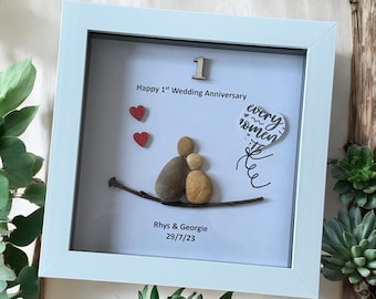 First Wedding Anniversary Pebble Artwork Frame, Paper Wedding Anniversary Gift, Personalised 1st Wedding Anniversary Gift