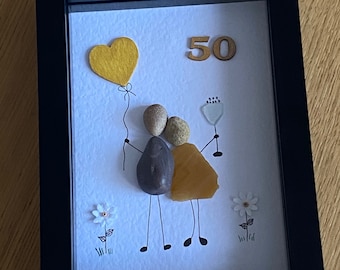 Gold Anniversary Picture, 50th Wedding Anniversary Gift, Unique Pebble & Glass Picture, Gold Anniversary Couple, Handmade Wedding Gift