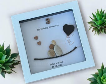 Personalized 3rd Anniversary Pebble Art, Leather Heart, Framed Gift
